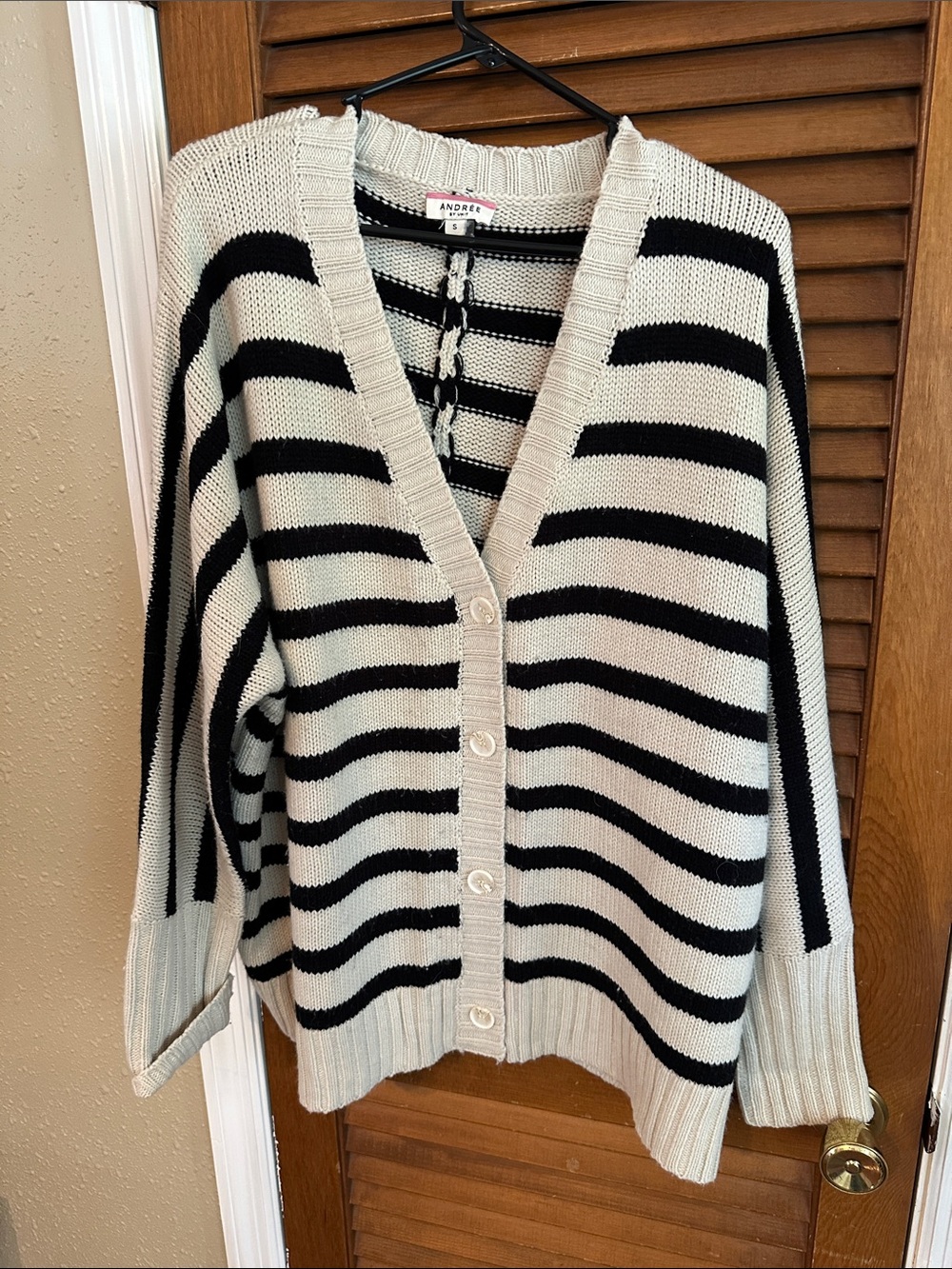 Andree Cream and Black Striped oversized Button-Front Cardigan
